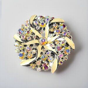 Pin Cluster Bow Ribbon Aurora Borealis Rhinestone Silver Tone Brooch Signed 2.5”